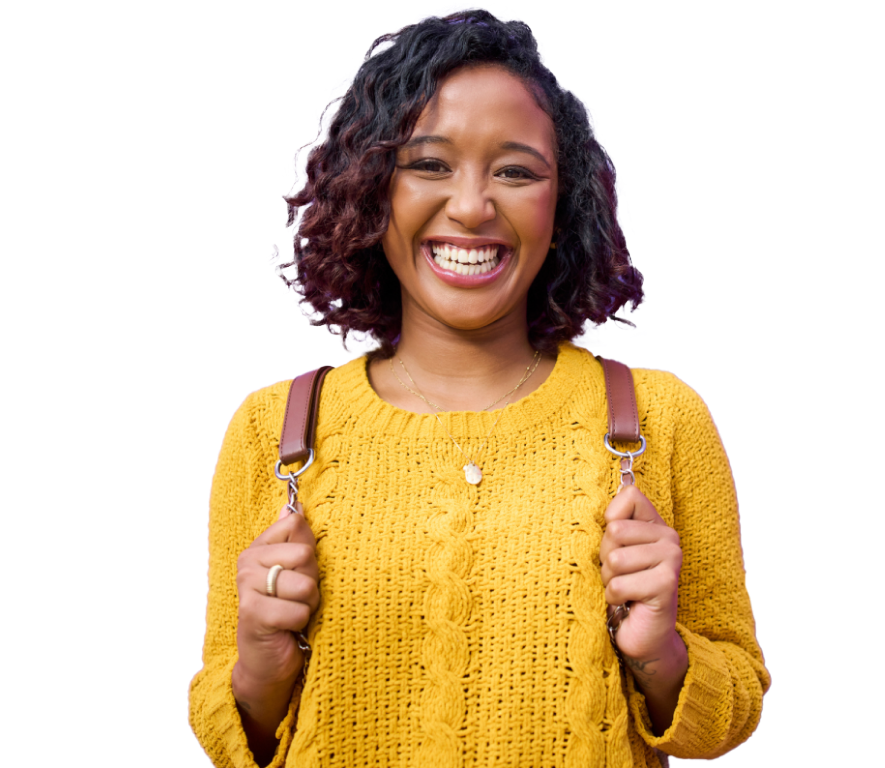 Young woman smiling and wearing a backpack