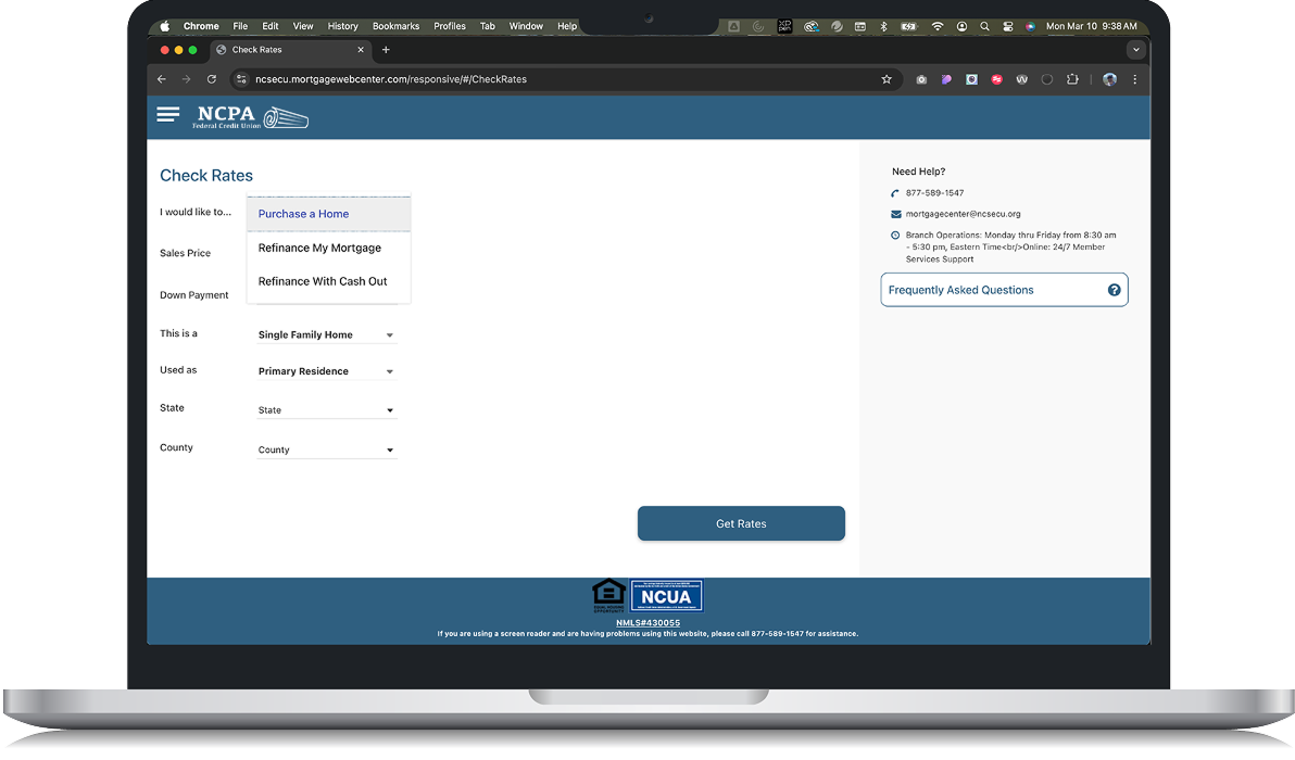 Screenshot of Mortgage Center's rate calculator