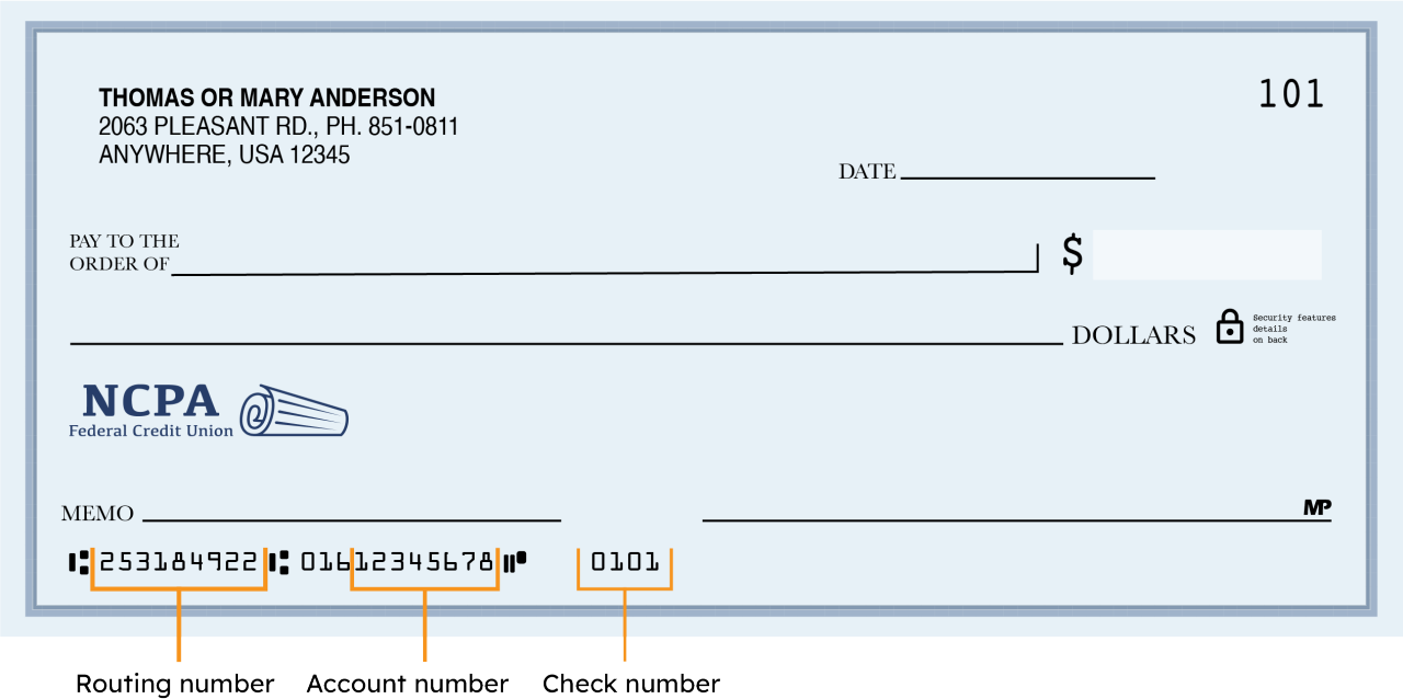 Blank check showing where the routing number, account number, and check number appear